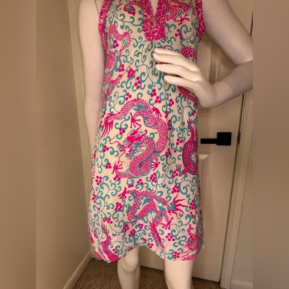 Gretchen Scott Vibrant Pink and Blue Dragon Print Dress Size S.